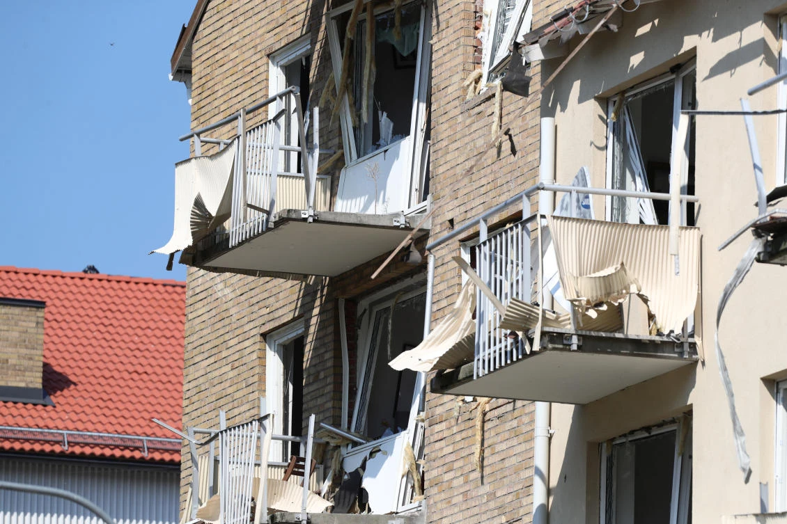 Damaged balconies and windows are seen at the site of an explosion in Linkoping, Sweden June 7, 2019. (Reuters/Jeppe Gustafsson)