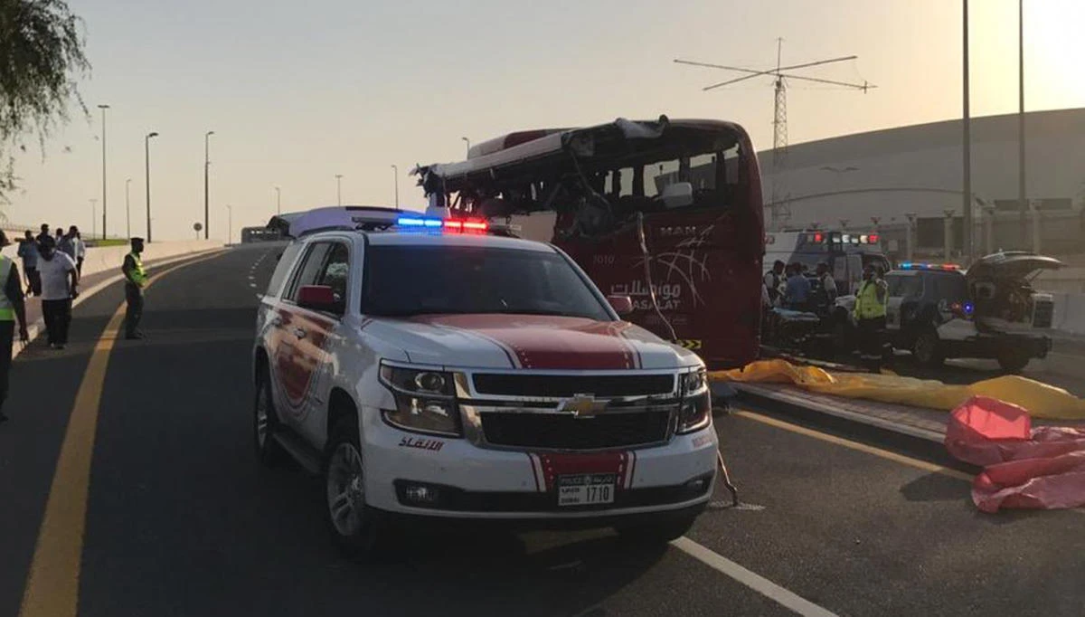 This image released by Dubai Police Headquarters shows the aftermath of a bus crash on Friday, June 7, 2019, in Dubai, United Arab Emirates. (AP)