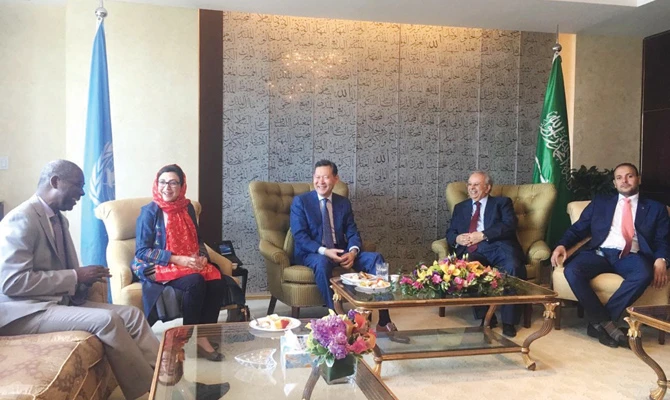 Saudi Arabia’s Ambassador to the UN Abdallah Al-Mouallimi meets representatives of Arab and Islamic countries accredited to the UN. (SPA)
