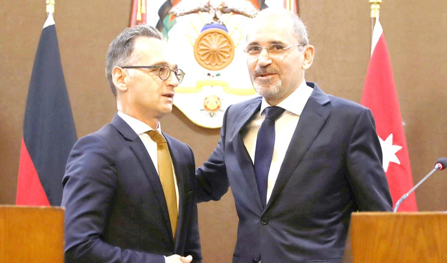 Jordanian Foreign Minister Ayman Safadi and his German counterpart Heiko Maas after their meeting in Amman on Sunday. (Reuters)