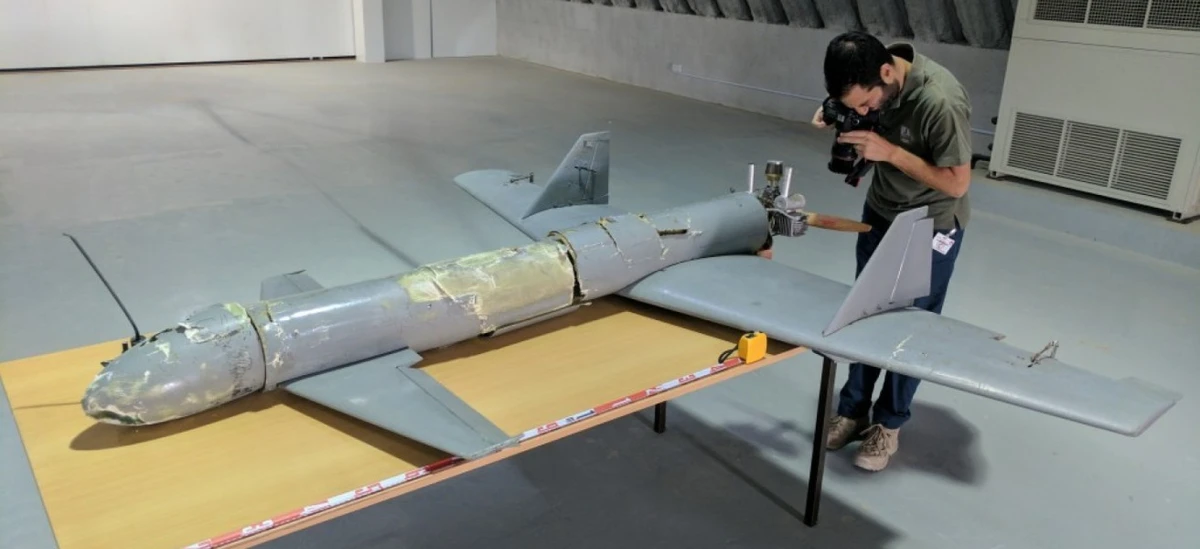 Iran has been accused of supplying drones like the one displayed here after it was seized by coalition forces in Yemen. (File/Conflict Armament Research)