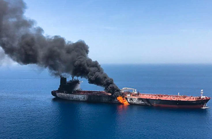 Fire and smoke billow from the Norwegian owned Front Altair tanker in the Gulf of Oman. (AFP)