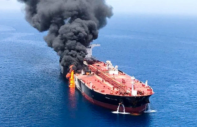 An oil tanker is seen after it was attacked at the Gulf of Oman, in waters between Gulf Arab states and Iran, June 13, 2019. (Reuters)