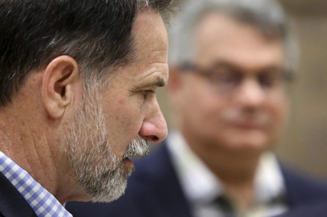 United Auto Workers Region 8 Director Mitchell Smith speaks with the media as UAW spokesman Brian Rothenberg listens during a news conference, Friday, June 14, 2019, in Chattanooga, Tennessee, after unionization failed for workers at the Chattanooga Volkswagen plant. (AP)