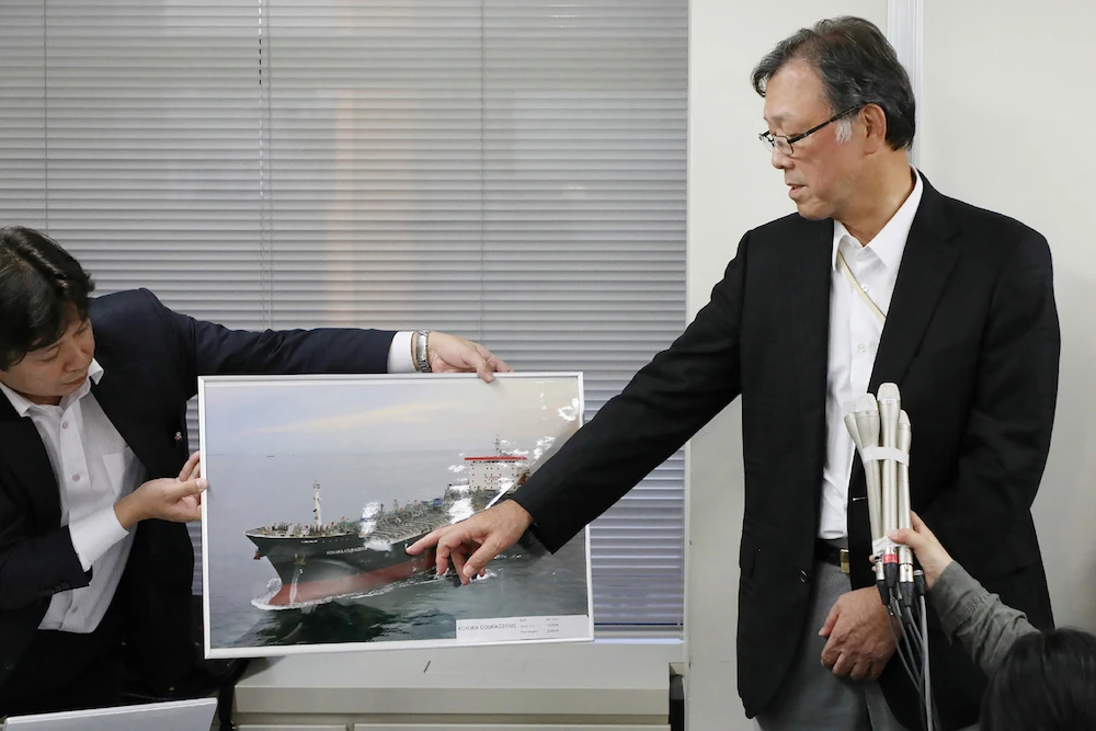 Japan's Kokuka Sangyo President Yutaka Katada speaking to the press after a ship owned by his company was attacked in the Gulf of Oman. (AFP)