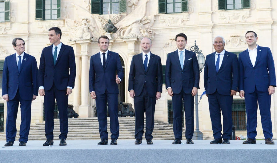 (From L) Cyprus' President Nicos Anastasiades, Spain's Prime Minister Pedro Sanchez, French President Emmanuel Macron, Malta's Prime Minister Joseph Muscat, Italian Prime Minister Giuseppe Conte, Portugal's Prime Minister Antonio Costa and Greece's Prime Minister Alexis Tsipras pose for a family photo outside the Auberge de Castille in Valletta, after the first 'Southern EU Countries Summit' on June 14, 2019. (AFP)