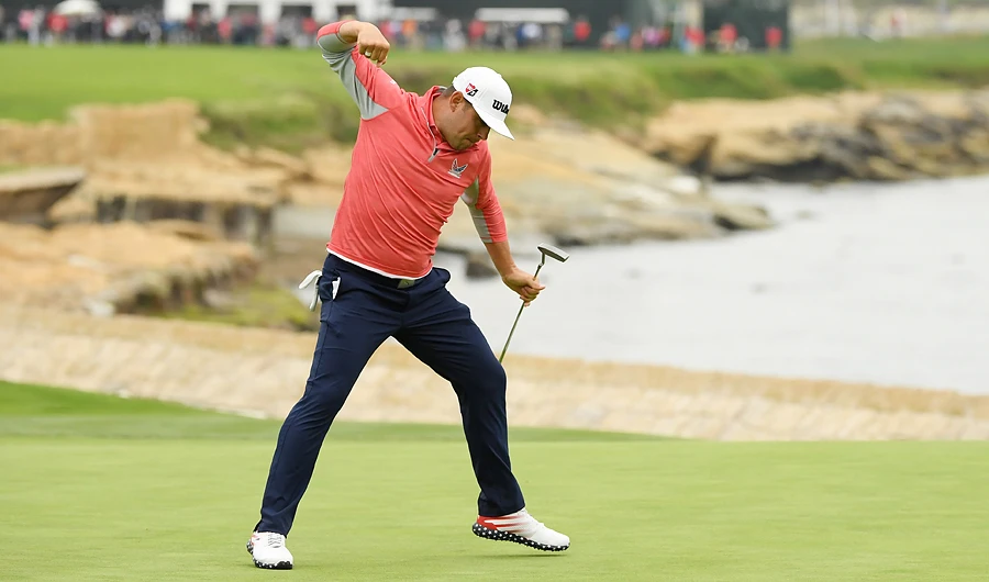 Gary Woodland of the US celebrates on the 18th green after winning the 2019 US Open on Sunday. (AFP)