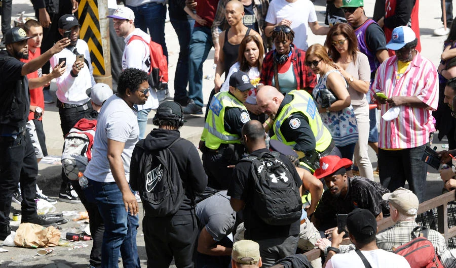 A general view of the scene of a shooting incident just outside the city hall square where Toronto Raptors players were holding a victory rally to celebrate their NBA title. (Reuters)