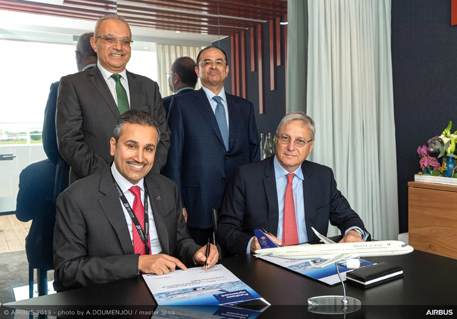 The agreement was announced at the Paris Air Show in a ceremony attended by Chairman of Saudi Arabian Airlines Corporation Dr. Ghassan Al-Shibl and signed by Saleh bin Nasser Al-Jasser, director-general of Saudia, and Christian Scherer, Airbus chief commercial officer.