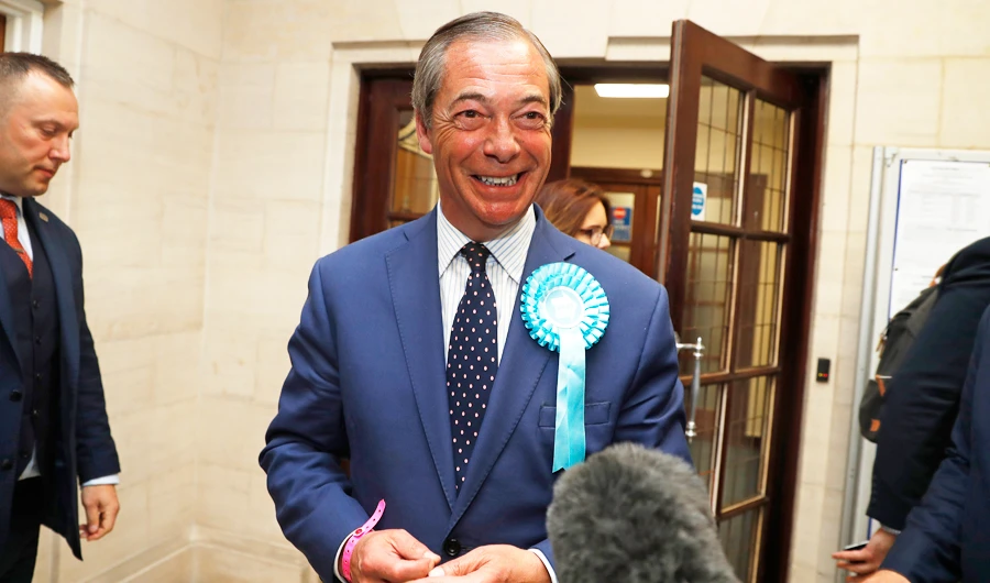 In this Sunday, May 26, 2019 file photo, Brexit Party leader Nigel Farage speaks to the media in Southampton, England. (AP)