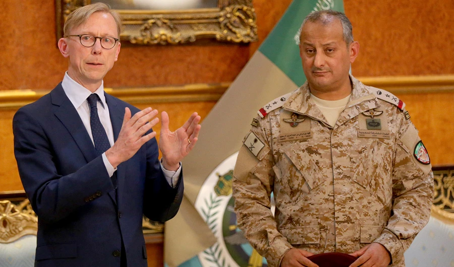 US special representative on Iran Brian Hook with Maj. Gen. Fahd bin Turki, the Arab Coalition’s commander of the joint forces at presser. (AN Photo by Saad Al-Dosari)
