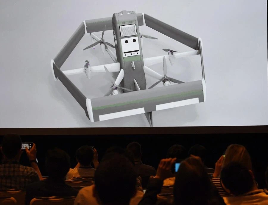 The new Amazon delivery drone is displayed on a screen during the Amazon Re:MARS conference on robotics and artificial intelligence in Las Vegas, Nevada, on June 5, 2019. (AFP/Mark Ralston)