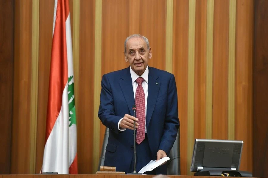 A handout picture provided by the Lebanese Parliament press office on May 23, 2018 shows Lebanese Parliament Speaker Nabih Berri speaking. (AFP)