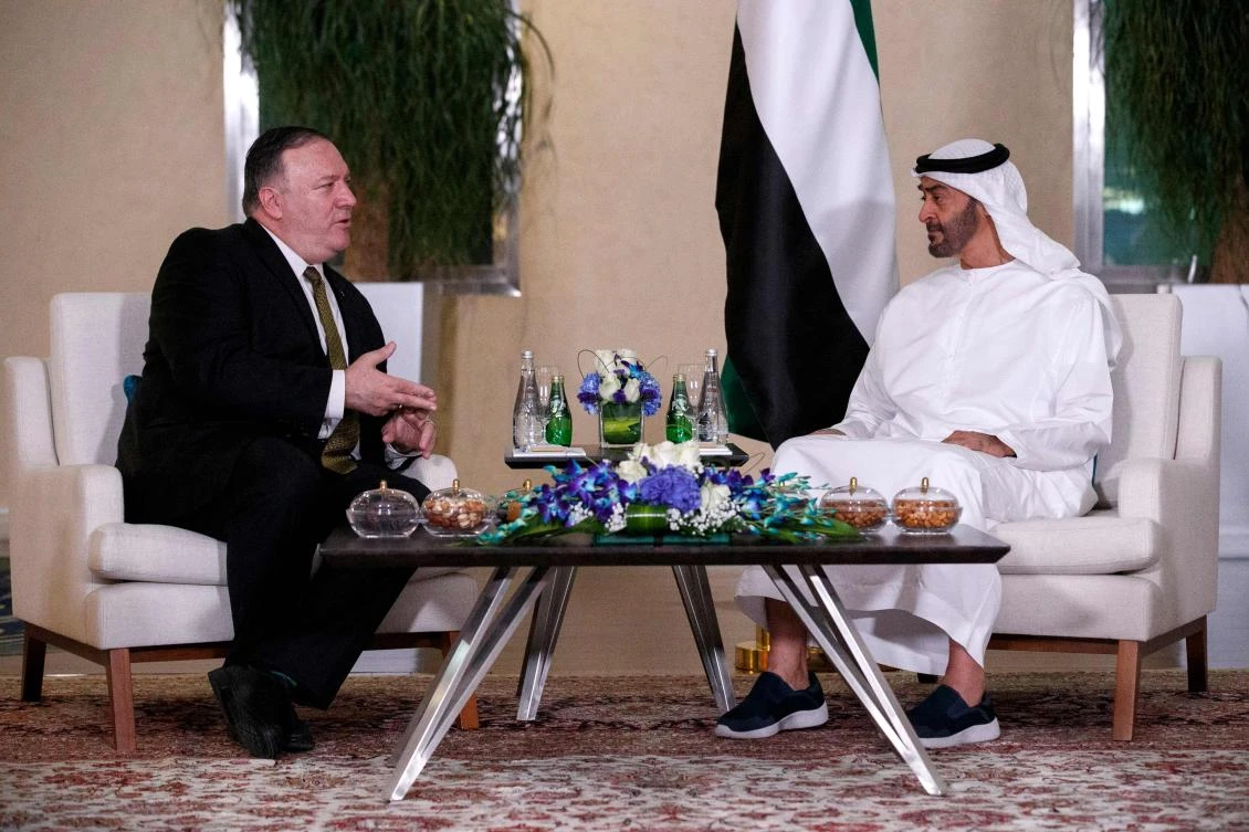 US Secretary of State Mike Pompeo meets with Mohamed ben Zayed Al-Nahyan, Crown Prince of Abu Dhabi and Deputy Supreme Commander of the UAE Armed Forces, in Abu Dhabi on June 24, 2019. US, UK, Saudi Arabia and the United Arab Emirates have jointly called for “diplomatic solutions” to ease soaring tensions with Iran. (AFP)
