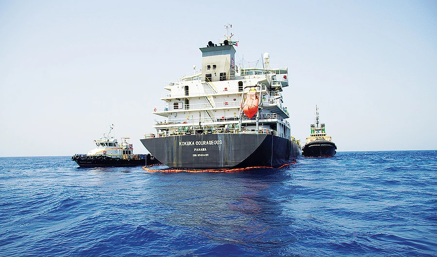 The tanker Kokuka Courageous, which the US Navy says was damaged by a limpet mine, anchored off Fujairah. (AP)