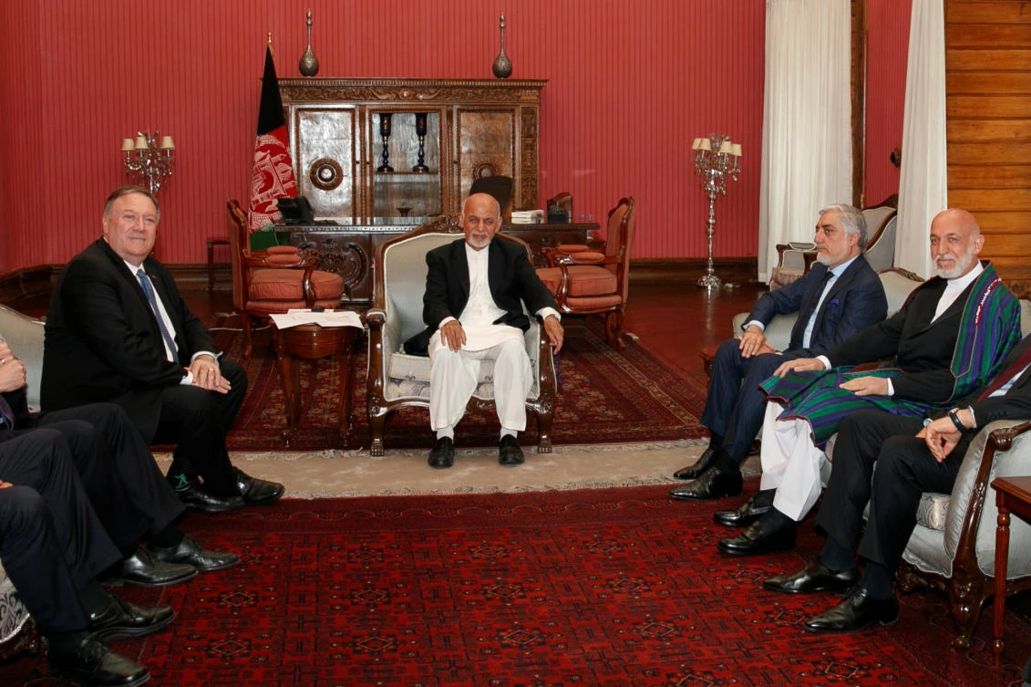 Mike Pompeo meets with Afghan President Ashraf Ghani, Afghan Chief Executive Officer Abdullah Abdullah, and former Afghan President Hamid Karzai at the Presidential Palace in Kabul. (Reuters)