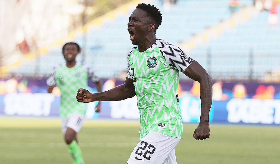 Nigeria's Kenneth Omeruo celebrates scoring their first goal. (Reuters)