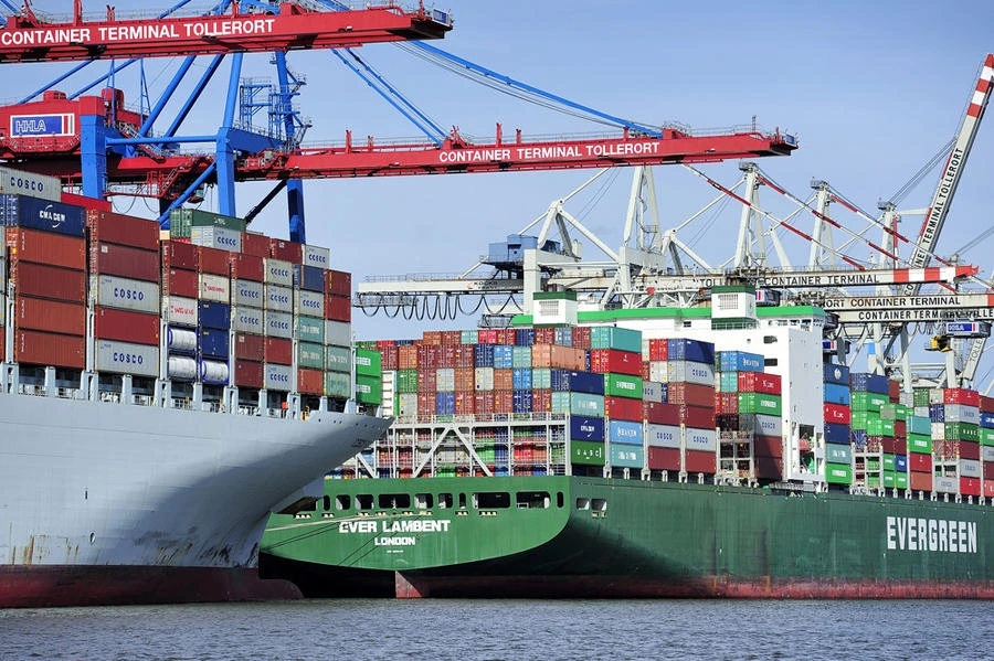 Container ship at the Port of Hamburg (Hamburger Hafen) is a German sea port on the river Elbe, Germany's largest port. (Shutterstock image)
