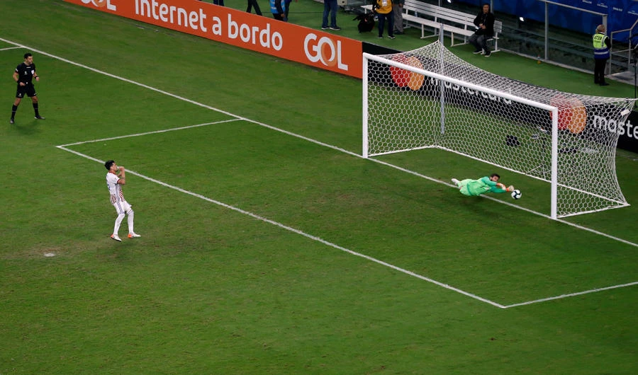 Paraguay's Gustavo Gomez has his penalty saved during a penalty shootout by Brazil's Alisson in their quarterfinal match at the Copa America Brazil 2019 on June 27, 2019. (REUTERS/Diego Vara)