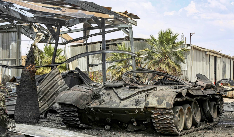 This picture taken on June 28, 2019 shows the husk of a destroyed tank found at a camp that was used by forces loyal to Libyan strongman Khalifa Haftar in Gharyan, 100 kilometres (60 miles) southwest of the Libyan capital Tripoli. (AFP)