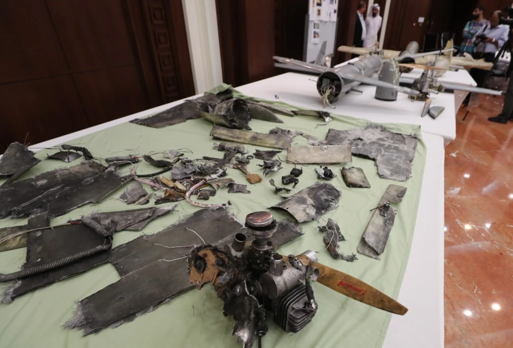 Arab Coalition said Houthi militants continue to use drones to attack civilian structures. Image shows Ababil drones used by the militia in fights against the Coalition displayed in Abu Dhabi in 2018. (File/AFP)