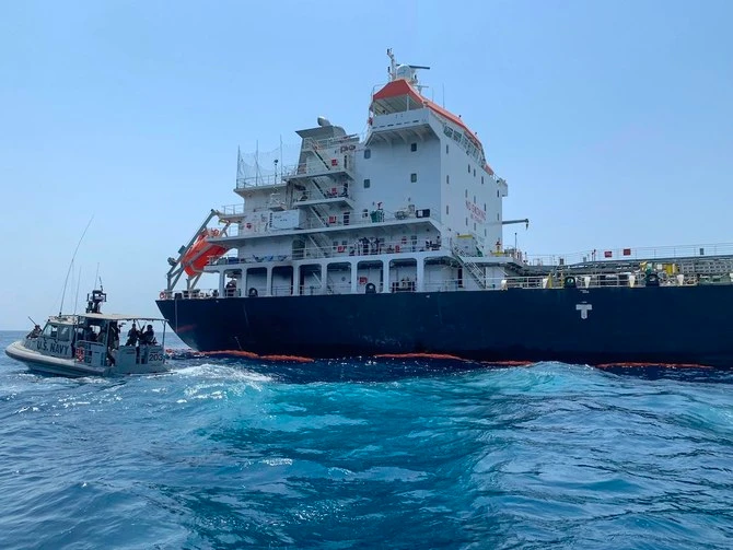 The Japanese oil tanker Kokuka Courageous off the port of Fujairah following an attack in the Gulf of Oman. (AFP/File Photo)