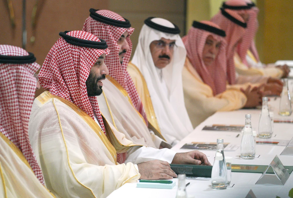 Saudi Arabia’s Crown Prince Mohammed bin Salman, second from left, told leaders at the G20 in Osaka that they need to take a strong stance toward Iran. (AP)
