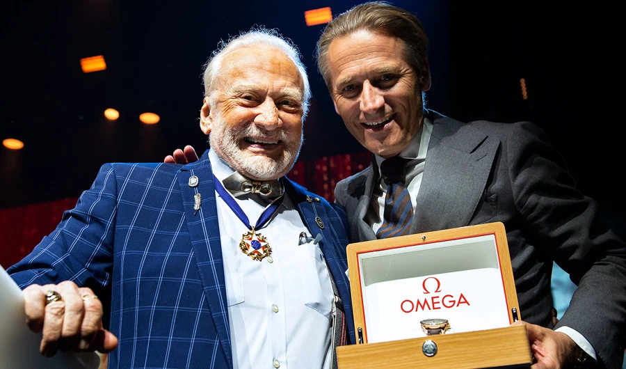 Apollo 11 astronaut Buzz Aldrin and President and CEO of Omega Raynald Aeschlimann at the 2019 Starmus V festival in Zurich, Switzerland.