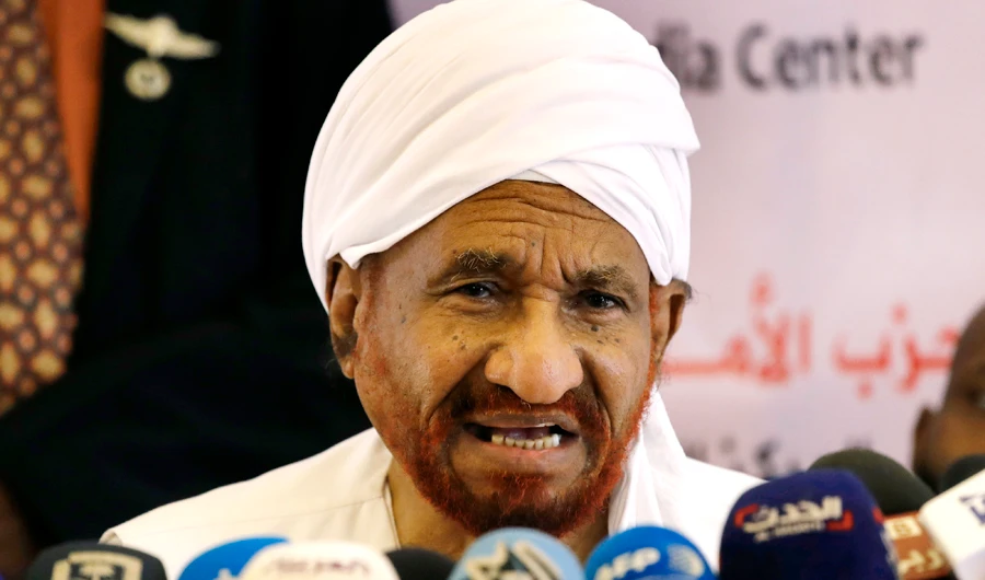 Sadik Al-Mahdi, who heads the Umma party, speaks during a news conference at his group headquarters, in Khartoum, Sudan, on June 26, 2019. (AP)