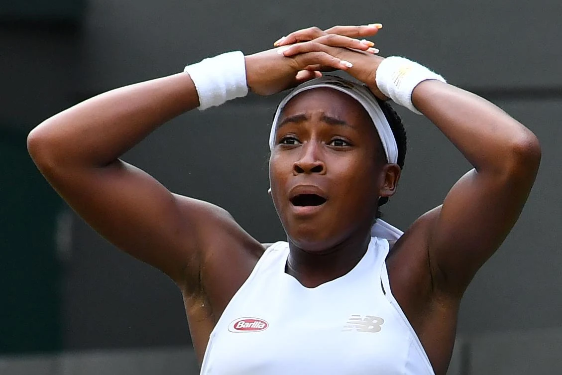 US player Cori Coco Gauff celebrates beating US player Venus Williams during their women’s singles first round match on the first day of the 2019 Wimbledon Championships. (AFP)
