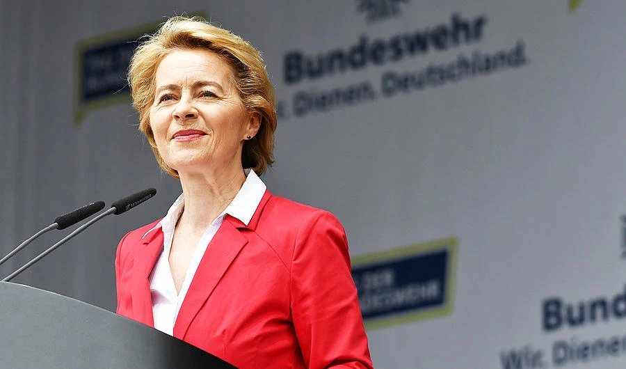 In this file photo taken on June 15, 2019 German Defence Minister Ursula von der Leyen gives a speech during the Day of the German Armed Forces at the air base in Fassberg, northern Germany. (AFP)