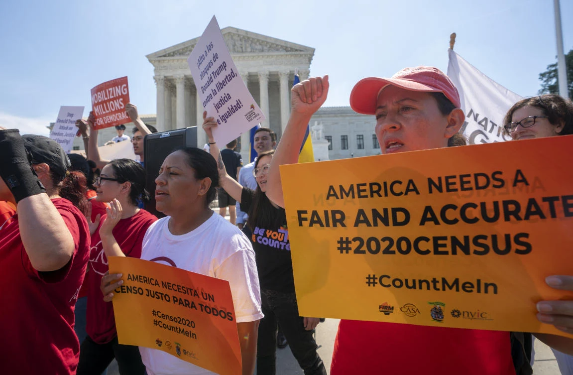Protesters gather at the US Supreme Court as justices finish deliberations regarding the 2020 census case on June 27, 2019 at Capitol Hill in Washington. (AP)