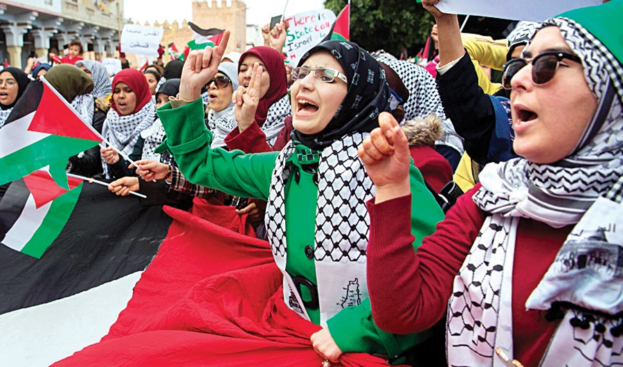 Pro-Palestine protesters wave flags and chant slogans in Rabat, Morocco. (AFP/File)