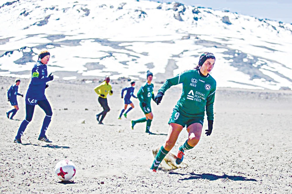Saja Kamal and other Equal Playing Field players have broken world records for highest and lowest-altitude football matches. (Supplied)