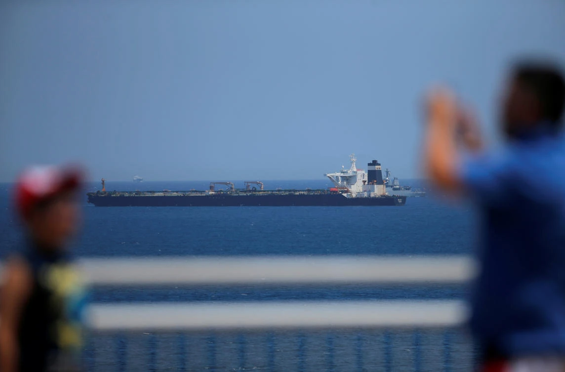 The oil supertanker Grace 1, that was on suspicion of carrying Iranian crude oil to Syria, sits anchored in waters of the British overseas territory of Gibraltar. (Reuters)