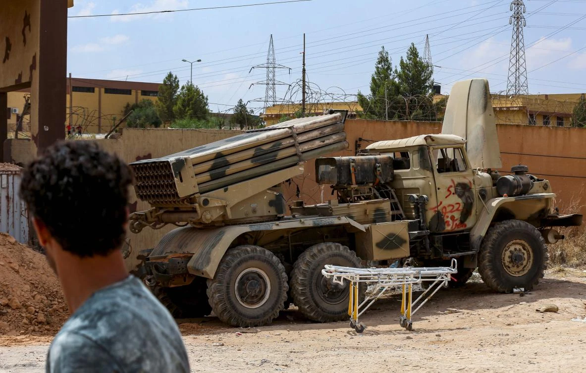 Above, a missile truck found at a camp used by forces loyal to Libyan strongman Khalifa Haftar in this June 28, 2019 photo. (AFP)