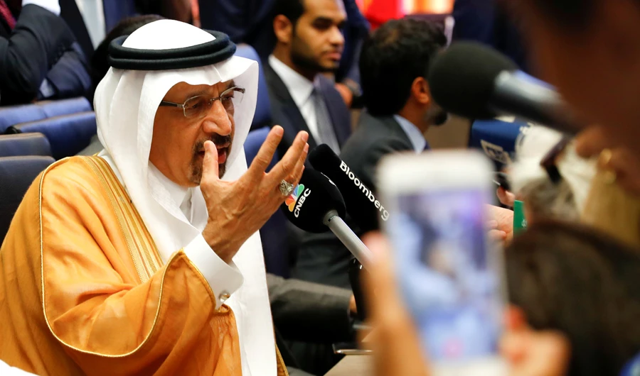 Saudi Arabia's Oil Minister Khalid Al-Falih talks to journalists at the beginning of an OPEC meeting in Vienna, Austria, on July 1, 2019. (REUTERS/File Photo)