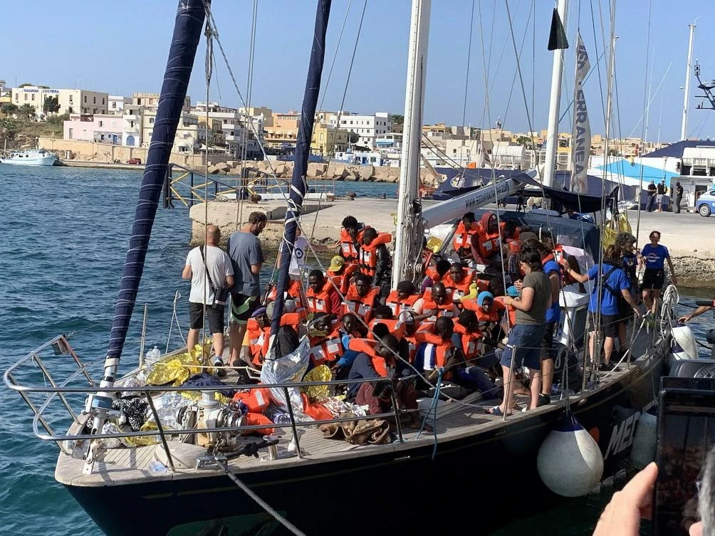 Those aboard the migrant rescue charity Mediterranea’s Italian-flagged Alex, which arrived at the port on the island of Lampedusa on Saturday. (ANSA)