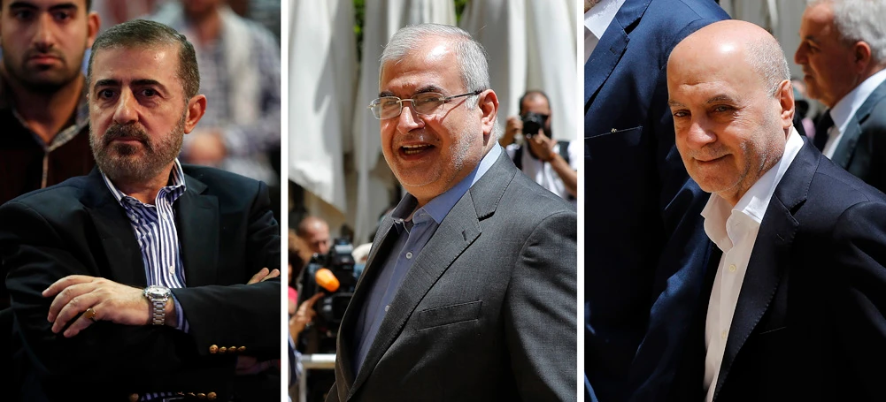 This combination of three photo shows, from left, Wafiq Safa, a top Hezbollah security official, and Lebanon Parliament members Muhammad Hasan Ra'd and Amin Sherri in Beirut. (AP Photo/Hussein Malla)