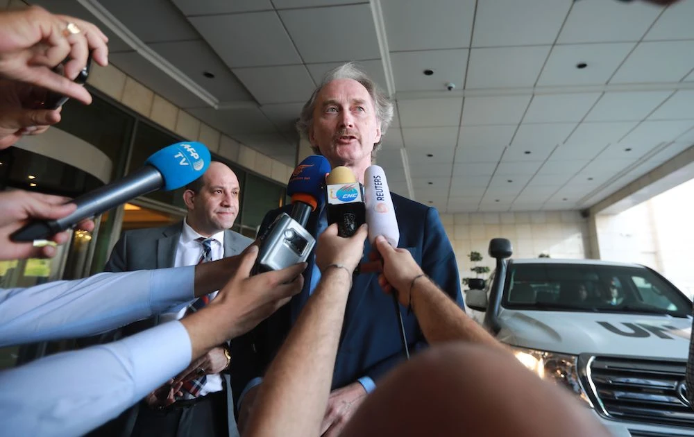 United Nations special envoy to Syria Geir Pedersen speaks to journalists upon his arrival in the Syrian capital Damascus Tuesday. (AFP)