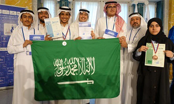 In this file photo, Saudi Arabia's contestants in the Mendeleev Chemistry Olympiad in St. Petersburg, Russia, display the medals they won in the competition held from April 20 to 28. Saudis are currently competing in the 11-day International Math Olympiad that started in the UK on July 11, 2019. (Mawhiba photo)