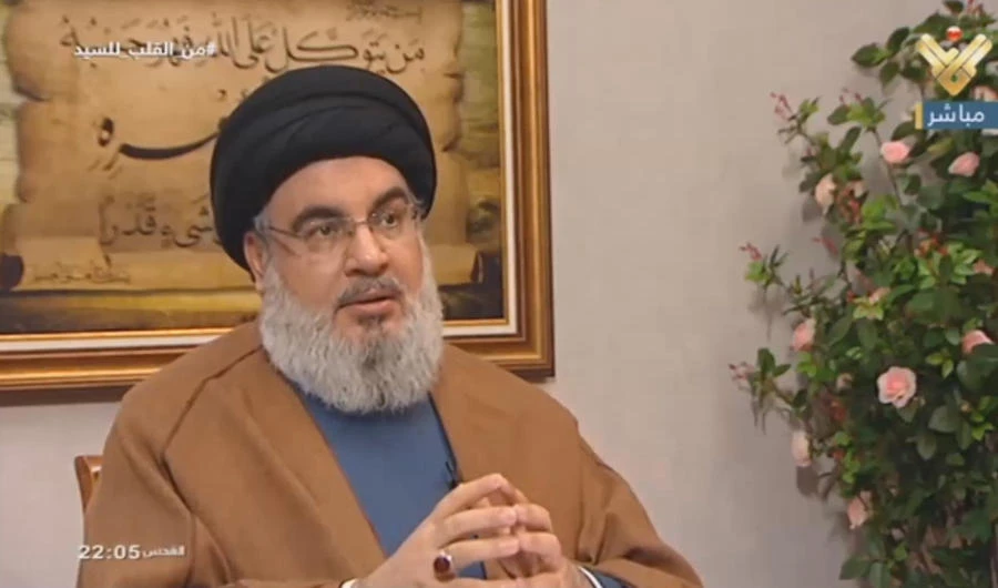 An image grab taken from Hezbollah's al-Manar TV on July 12, 2019, shows Hasan Nasrallah, the head of Lebanon's militant Shiite movement Hezbollah, giving an interview in Lebanon. (AFP / AL-MANAR TV)