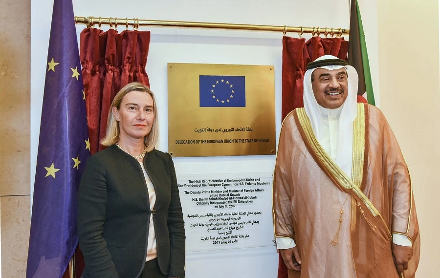 Kuwait’s Foreign Affairs Minister Sabah Al Khalid Al Sabah meeting with European Union Foreign Policy Chief Federica Mogherini in Kuwait City on July 13. (AFP)