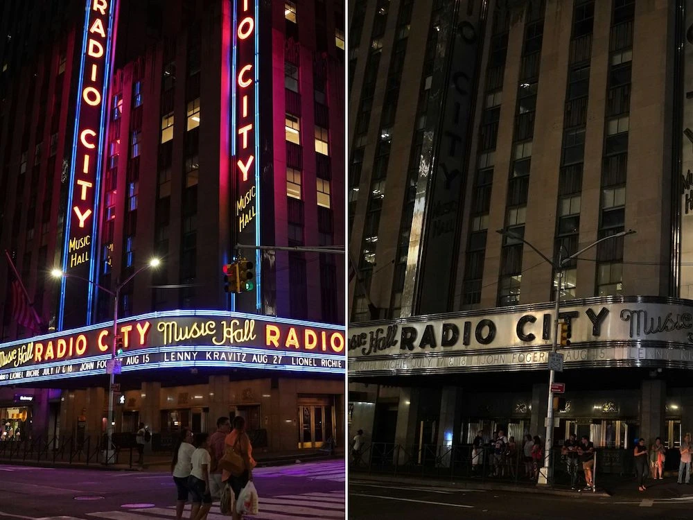 This combination of pictures shows Radio City Music Hall facade pictured (L) after the lights came back on after a major power outage affected parts of New York City and people walking past Radio City Music Hall (R) in the dark during a major power outage affecting parts of the city. (AFP)