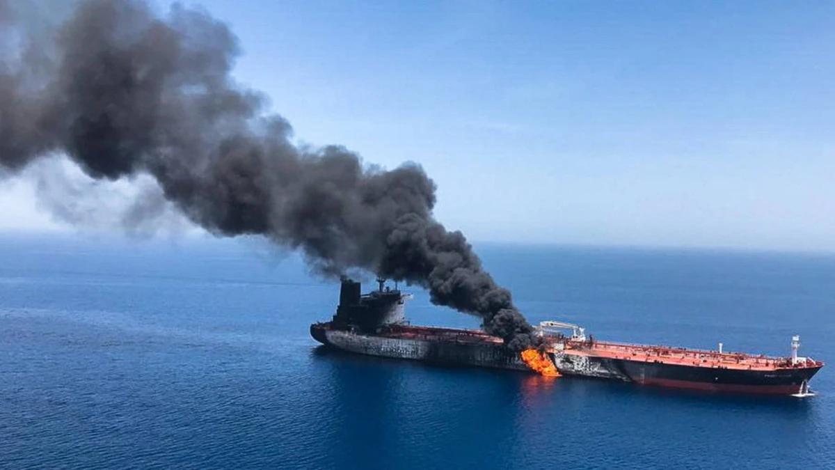 An oil tanker on fire in the Gulf of Oman. (File/AP)