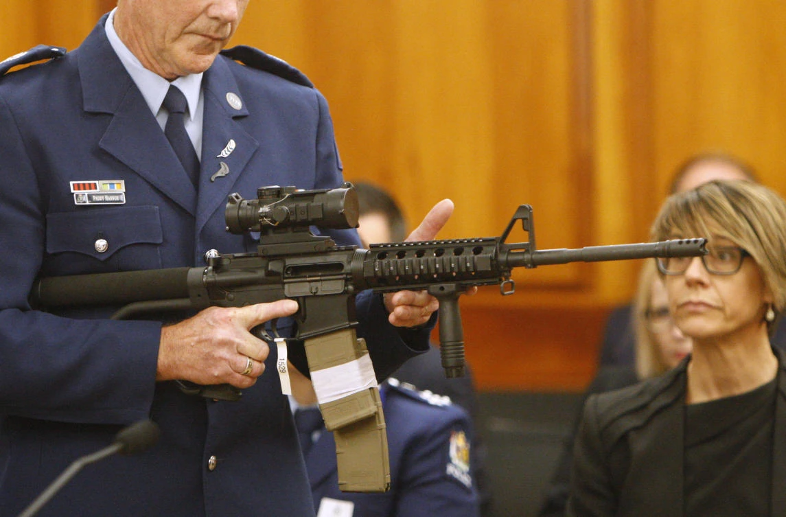 An AR-15 style rifle was one of the weapons a gunman used to slaughter 50 people at two mosques, in Wellington, New Zealand in March. (File/AP)