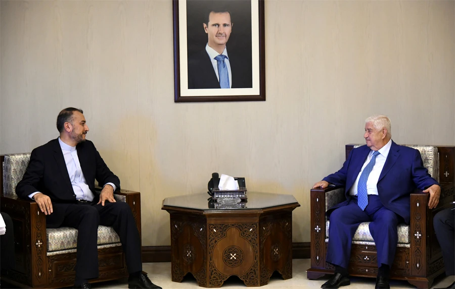Hossein Amir Abdollahian, a special aide to the speaker of Iranian Parliament on international affairs, meets with Syria's Foreign Minister Walid Muallem in Damascus, Syria, on July 15, 2019. Abdollahian also met with Lebanese officials on July 17. (Reuters)