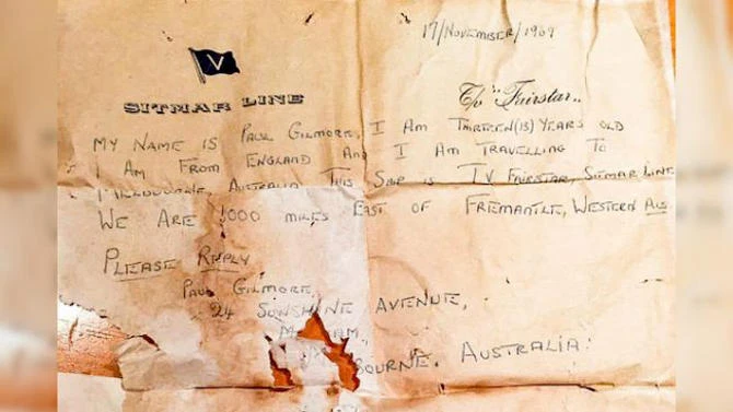 In 1969, 13-year-old British boy Paul Gilmore wrote this letter, placed it on a bottle and dropped it to sea while traveling on an Australian ship. (Carla Elliott via Facebook)