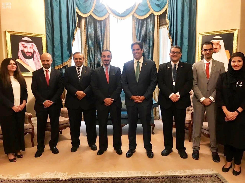 Prince Khalid bin Bandar bin Sultan, Saudi ambassador to the UK, met Minister of Transport and the Chairman of the General Authority for Transportation Nabil-Al Amoudi. (SPA)