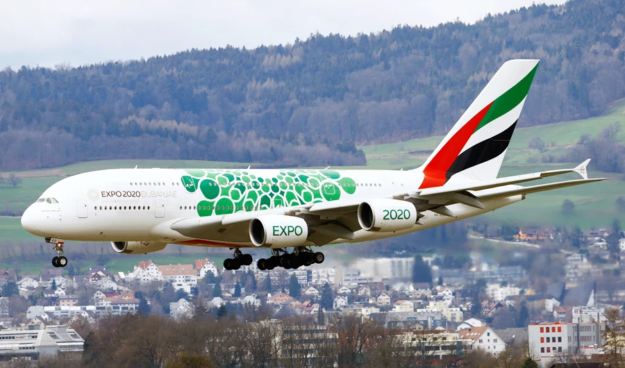 An Airbus A389-381 of Emirates Airlines comes in to land at Zurich Airport with the town of Dielsdorf, Switzerland in the background, March 18, 2019. (REUTERS)